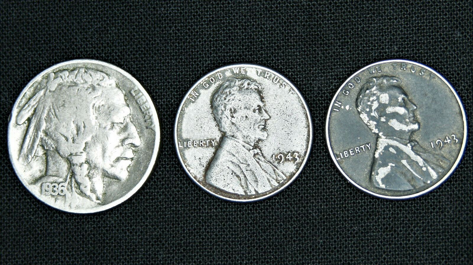 Indian Head Buffalo Nickel + (2) 1943 Steel Wheat Penny Lot - Old Us Coins