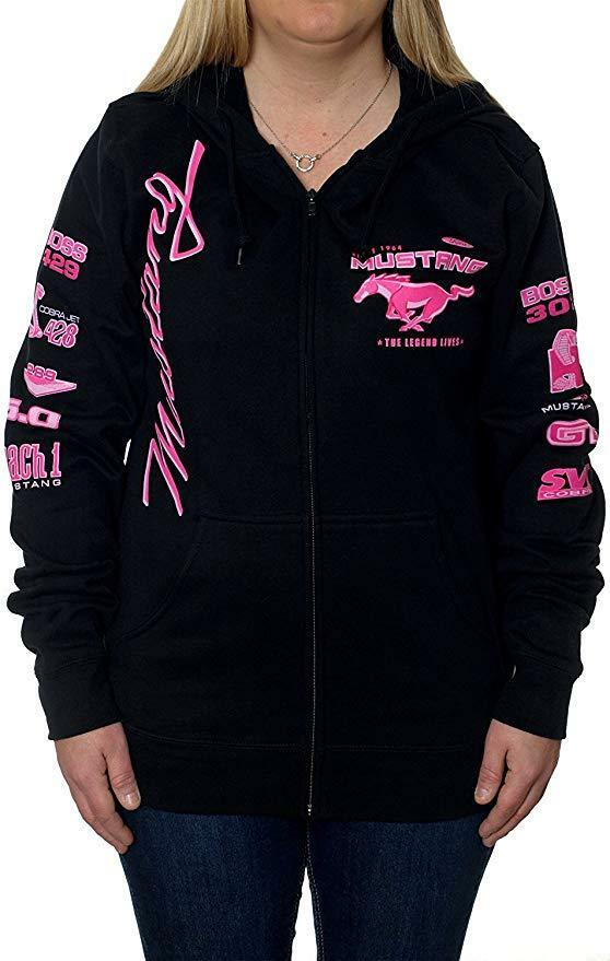 Women's Ford Mustang Zip Hoodie Sweatshirt Ladies Jacket With Pink Mustang Logos