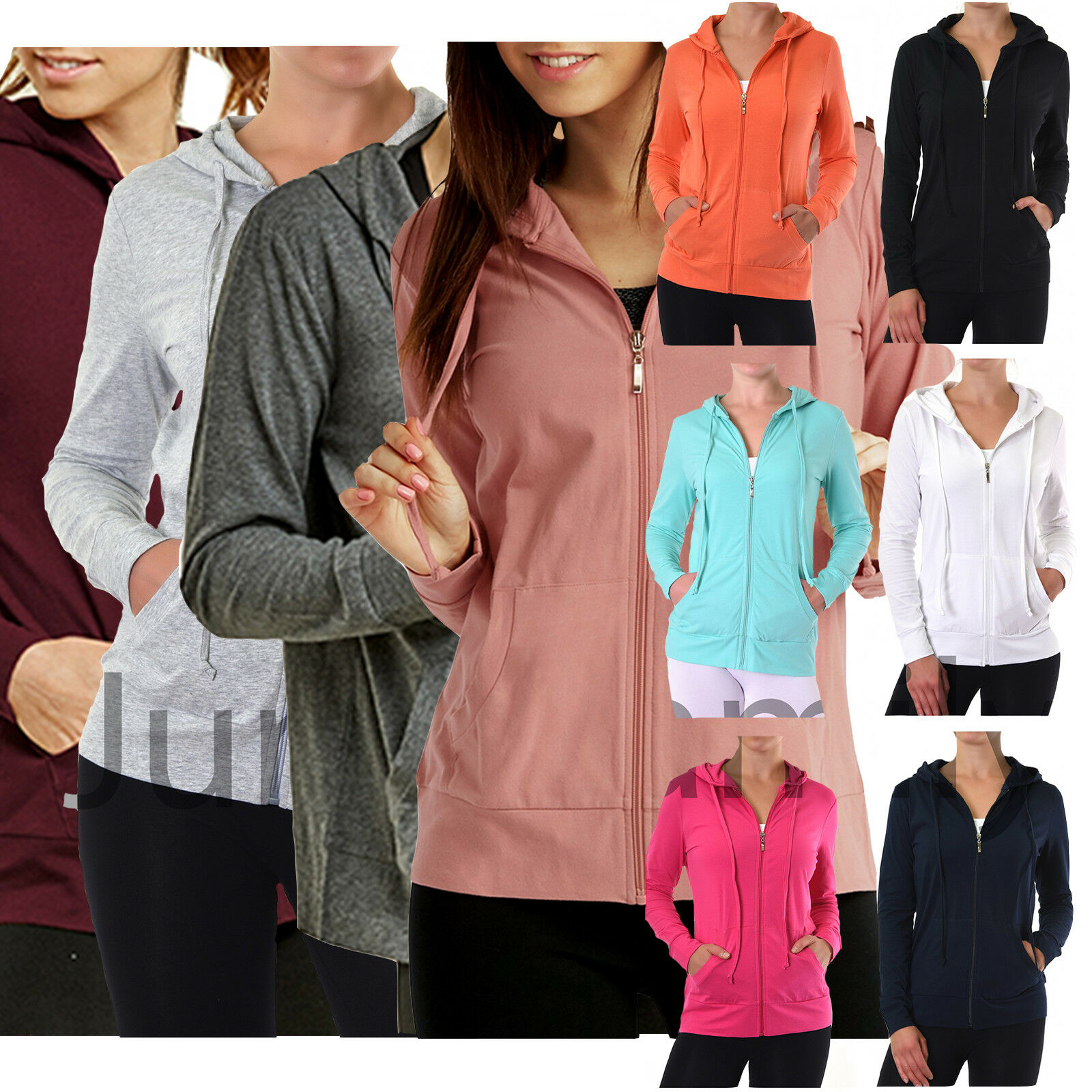 Ladies Classic Active Basic Cotton Drawstring Hoodie Jacket Sweatshirt Zip-up